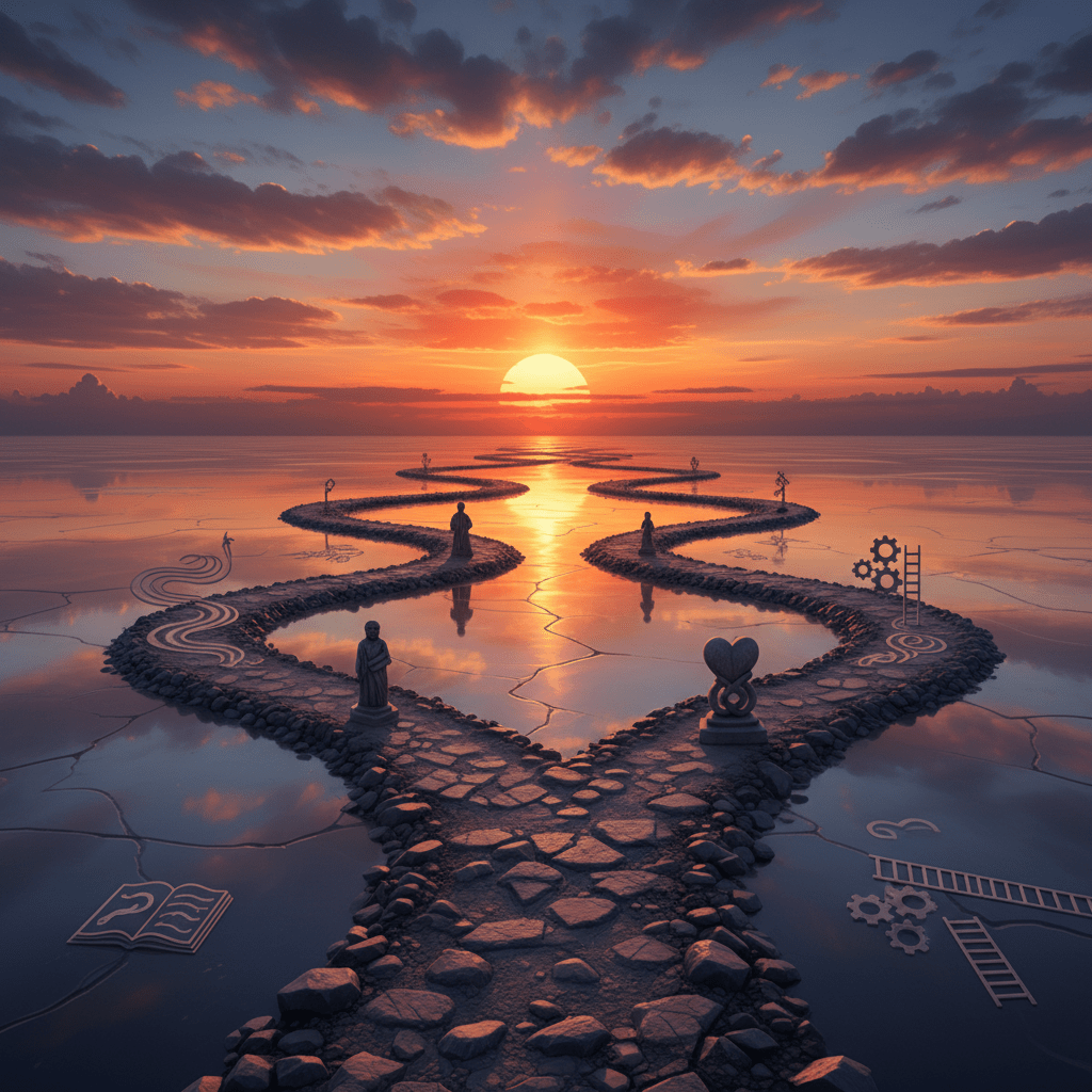 Symmetrical stone paths with symbolic statues winding toward a sunset over a calm sea.
