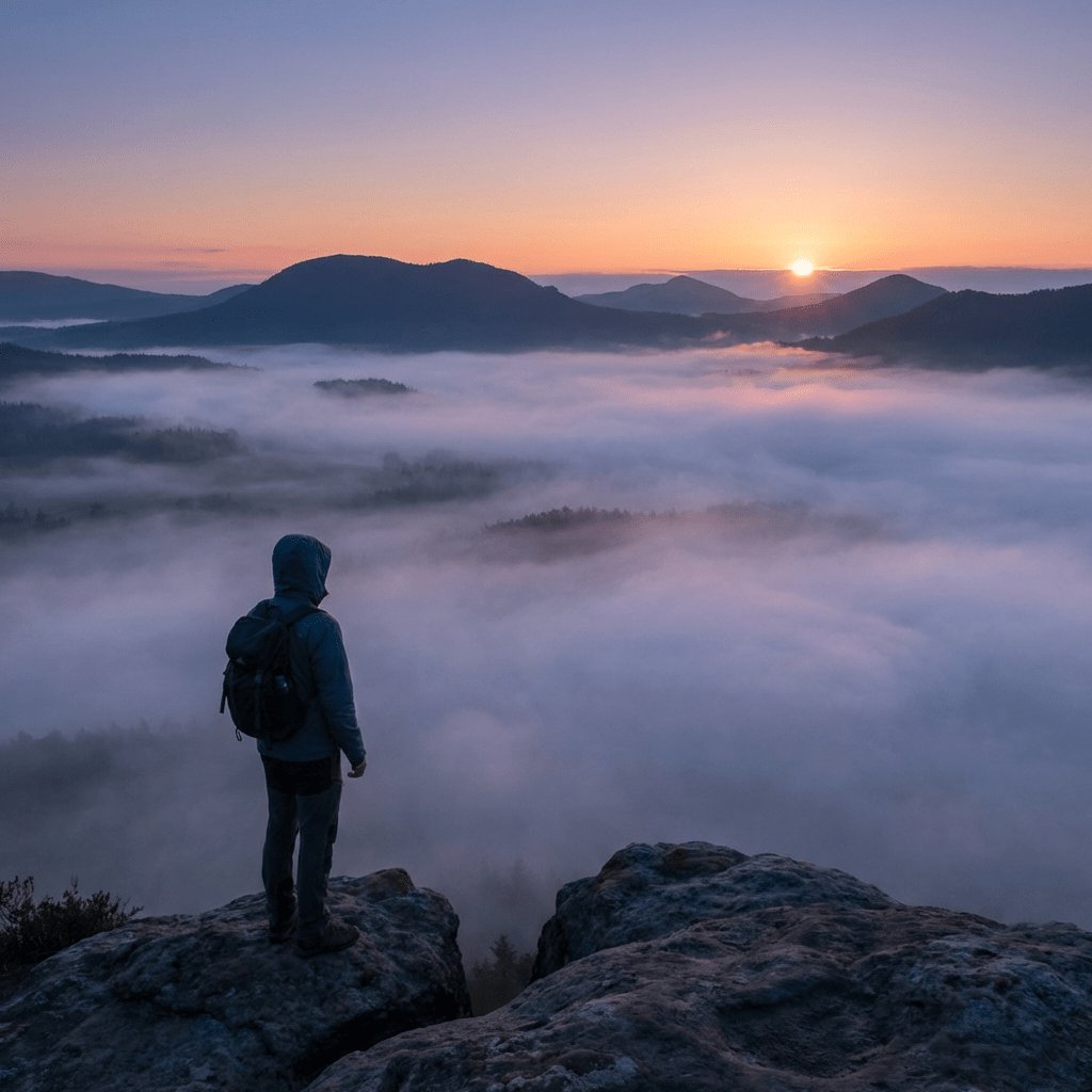 A hiker overlooks a misty mountain valley at sunrise from a rocky peak.