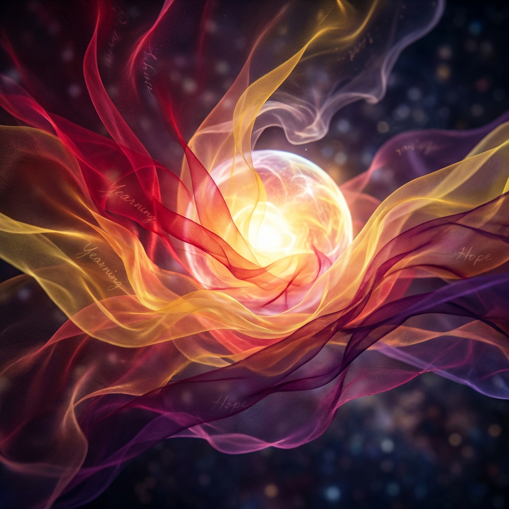 Glowing orb encircled by flowing red, orange, and purple ribbons