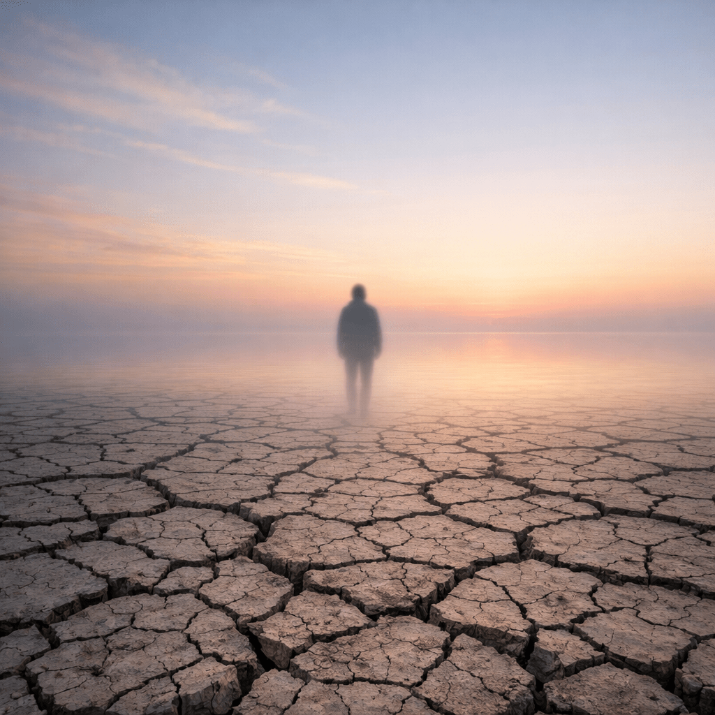 Solitary figure standing on cracked, dry earth with mist and sunrise in background