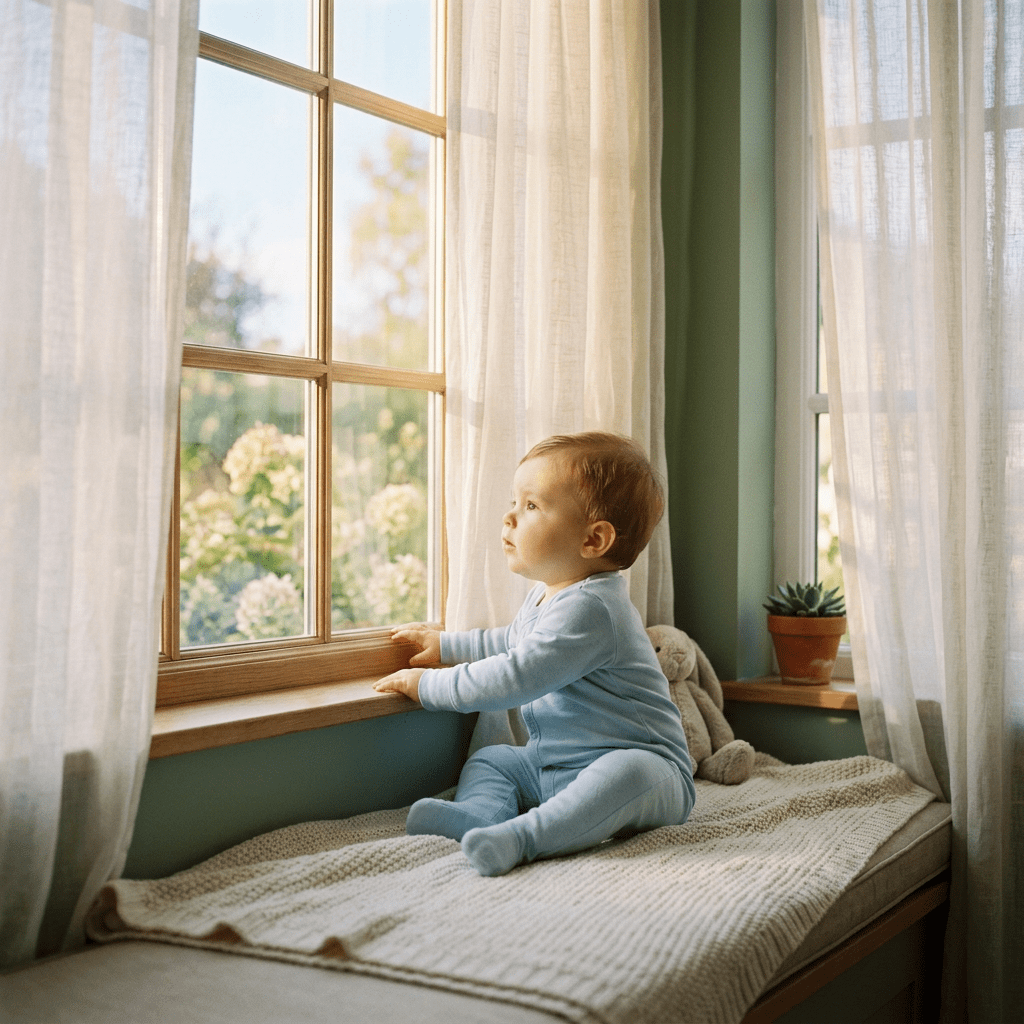 Baby sitting on cushioned window seat looking out a window with sheer curtains