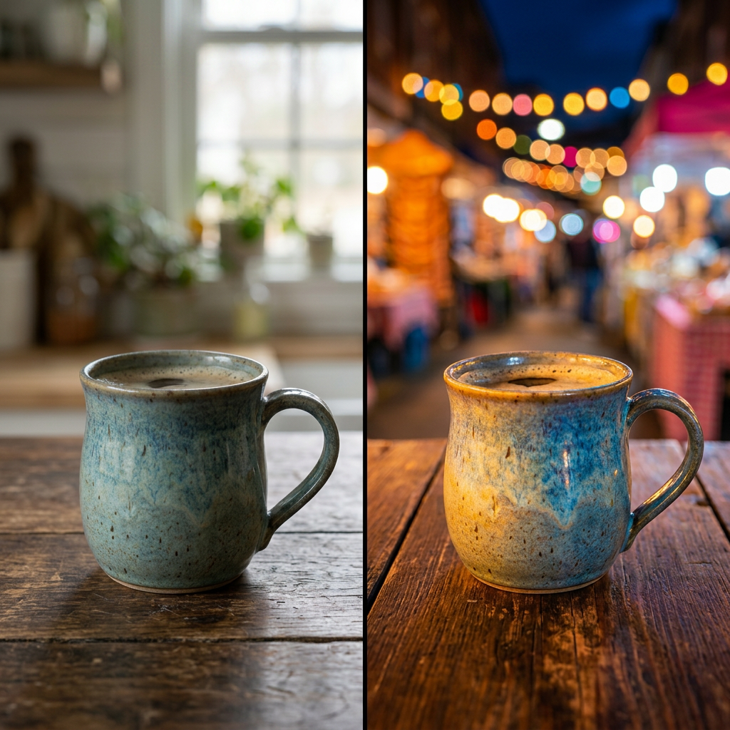 Ceramic coffee mug on wooden table under neutral light and vibrant light
