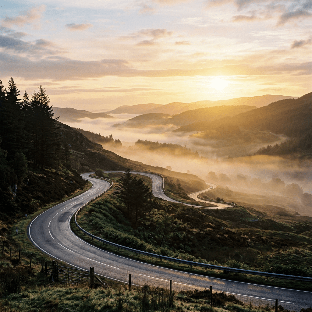 Winding road through misty mountains at sunrise