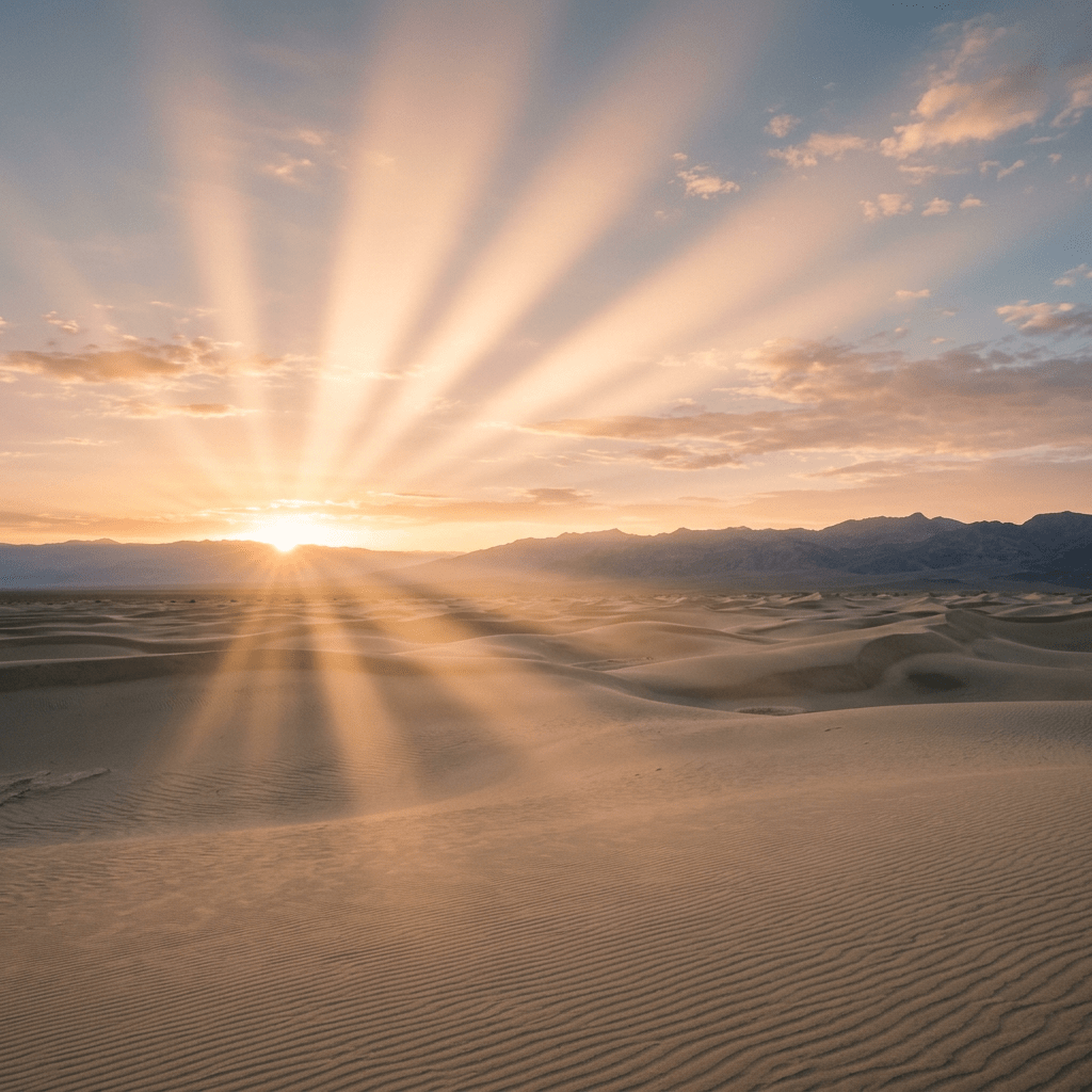 Sun rising with rays shining over sand dunes and distant mountains