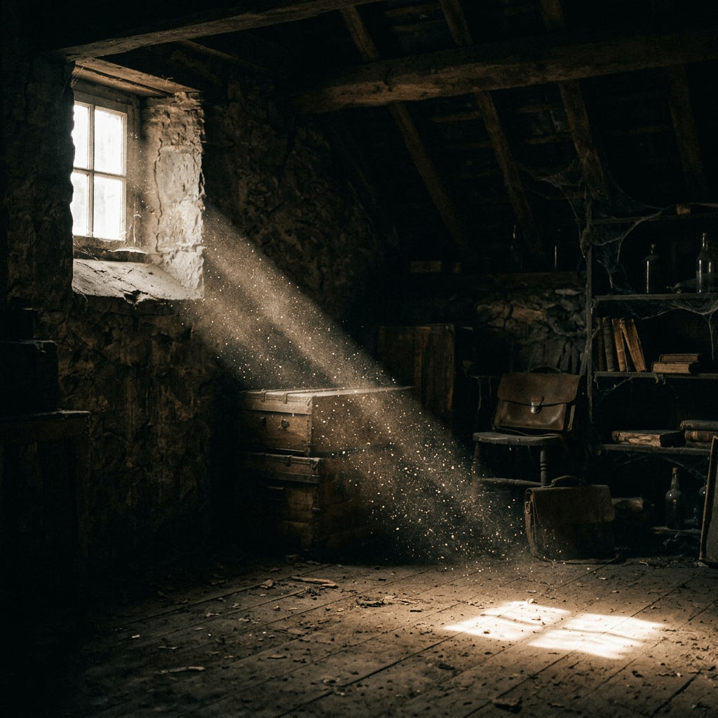 Sunlight beams entering dusty attic with wooden trunks, cobwebs, shelves, and scattered old items