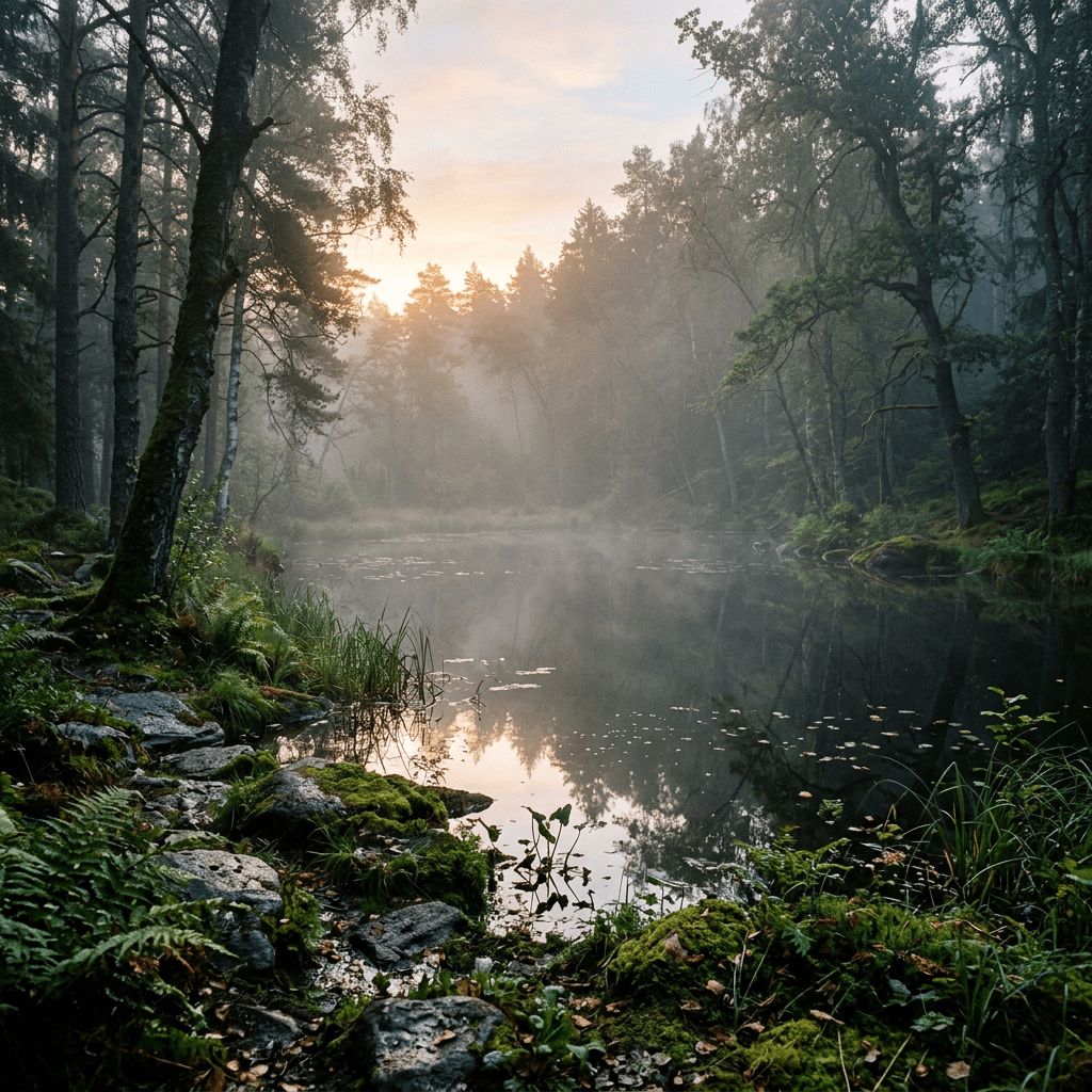 Calm forest pond surrounded by mossy rocks and tall trees with mist and soft sunrise light