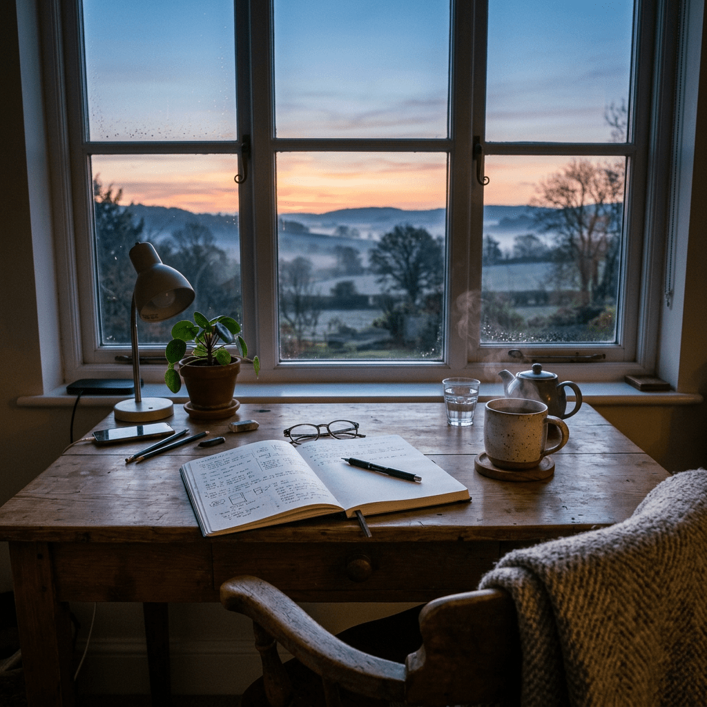 Wooden desk with open notebook, pen, glasses, lamp, plant, steaming mug, and teapot by window showing sunrise over misty countryside