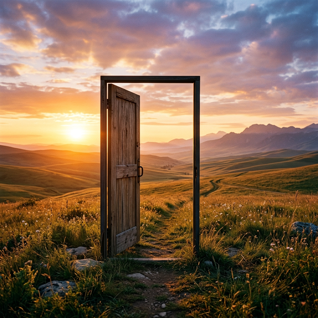 Open wooden door in grassy field with sunset and mountains in background