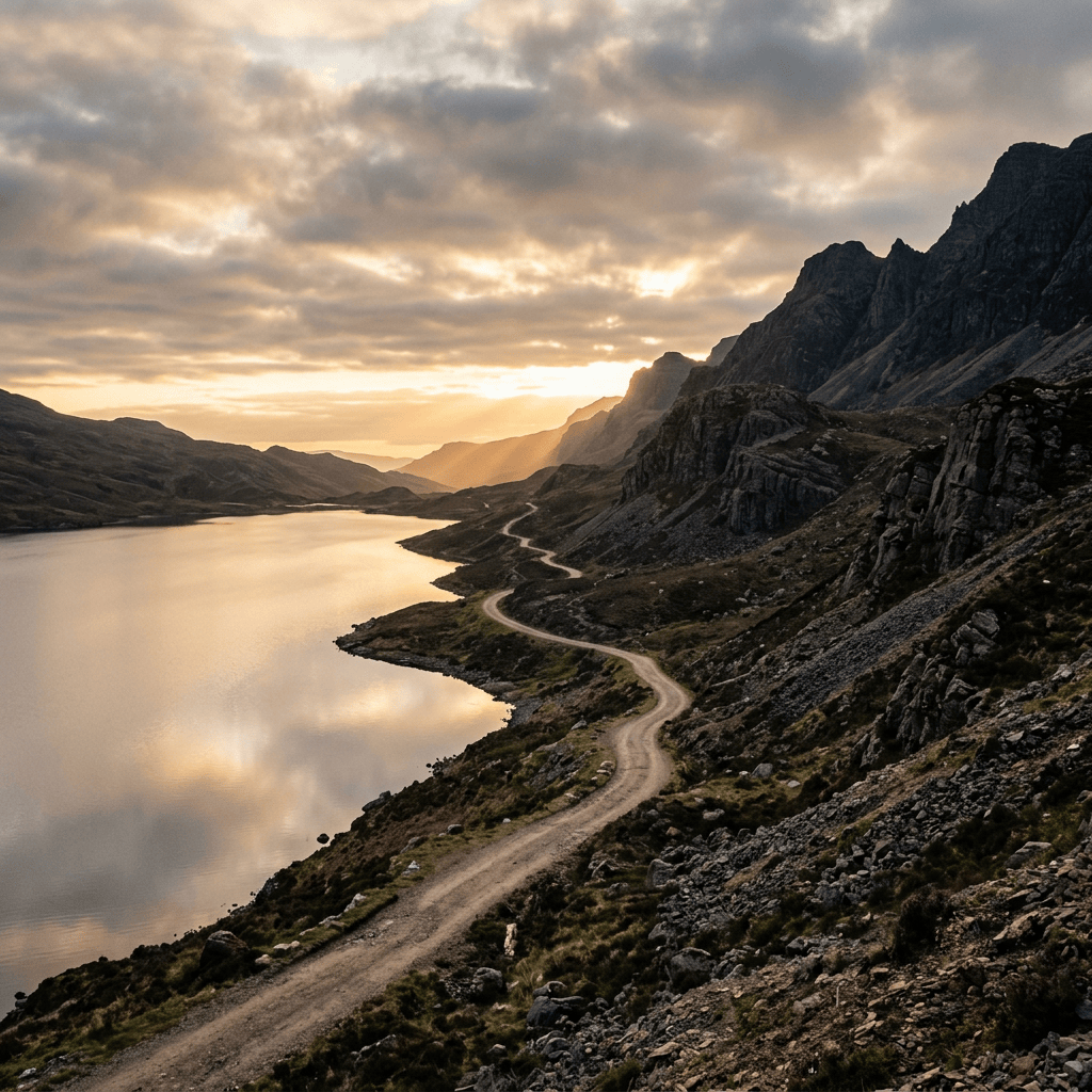 Winding path through rugged dawn landscape