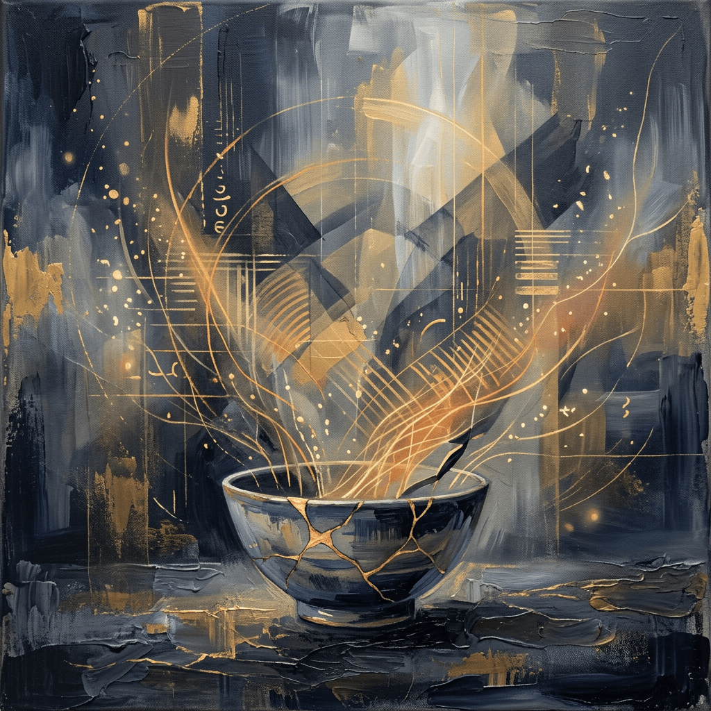 Golden energy rising from a cracked kintsugi bowl in an abstract dark cityscape